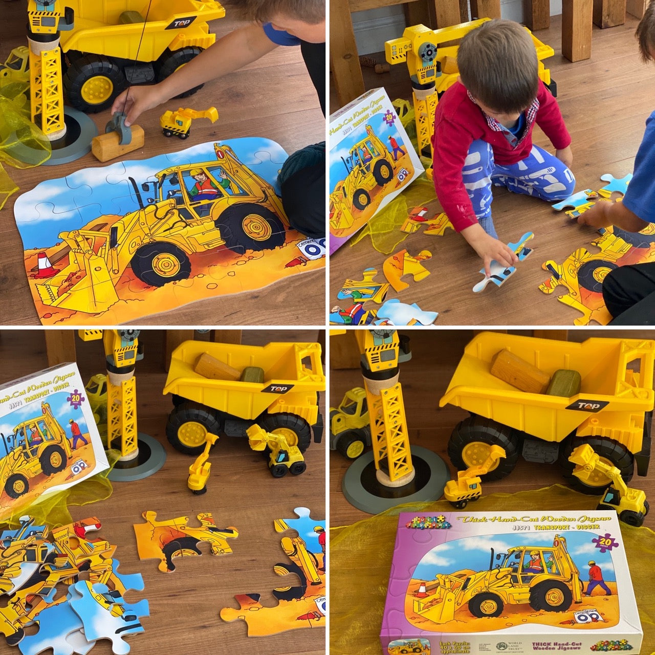Collage of children playing with construction-themed toys and puzzles on a wooden floor.