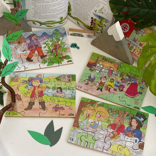 Children's book and puzzle set with illustrations of a boy and girl, trees, and animals on a white surface.