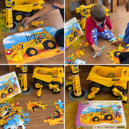 Collage of children playing with construction-themed toys and puzzles on a wooden floor.