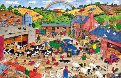 Colorful farm scene with animals, buildings, and people on a puzzle