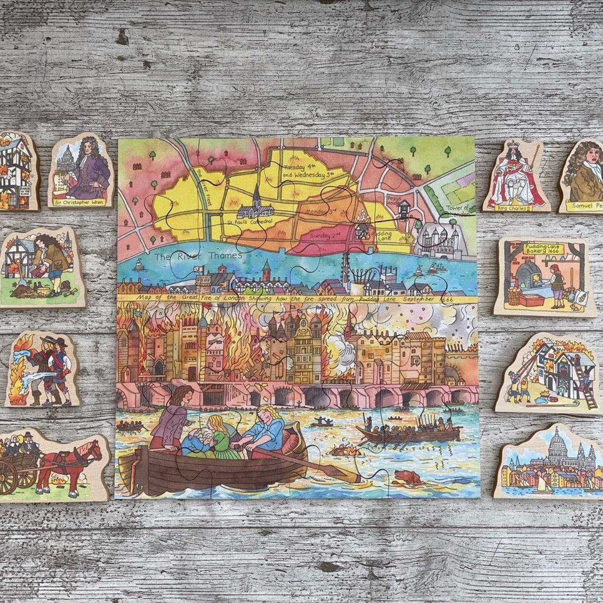 Great Fire of London History Jigsaw Puzzle. Colorful puzzle with pieces on a wooden surface