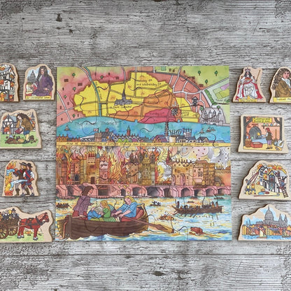 Great Fire of London History Jigsaw Puzzle. Colorful puzzle with pieces on a wooden surface