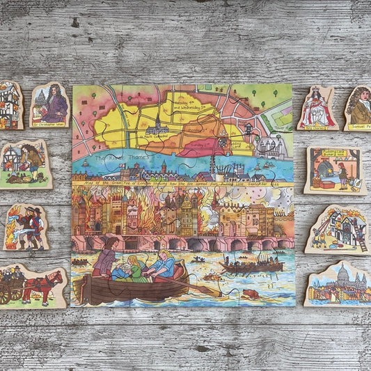Great Fire of London History Jigsaw Puzzle. Colorful puzzle with pieces on a wooden surface