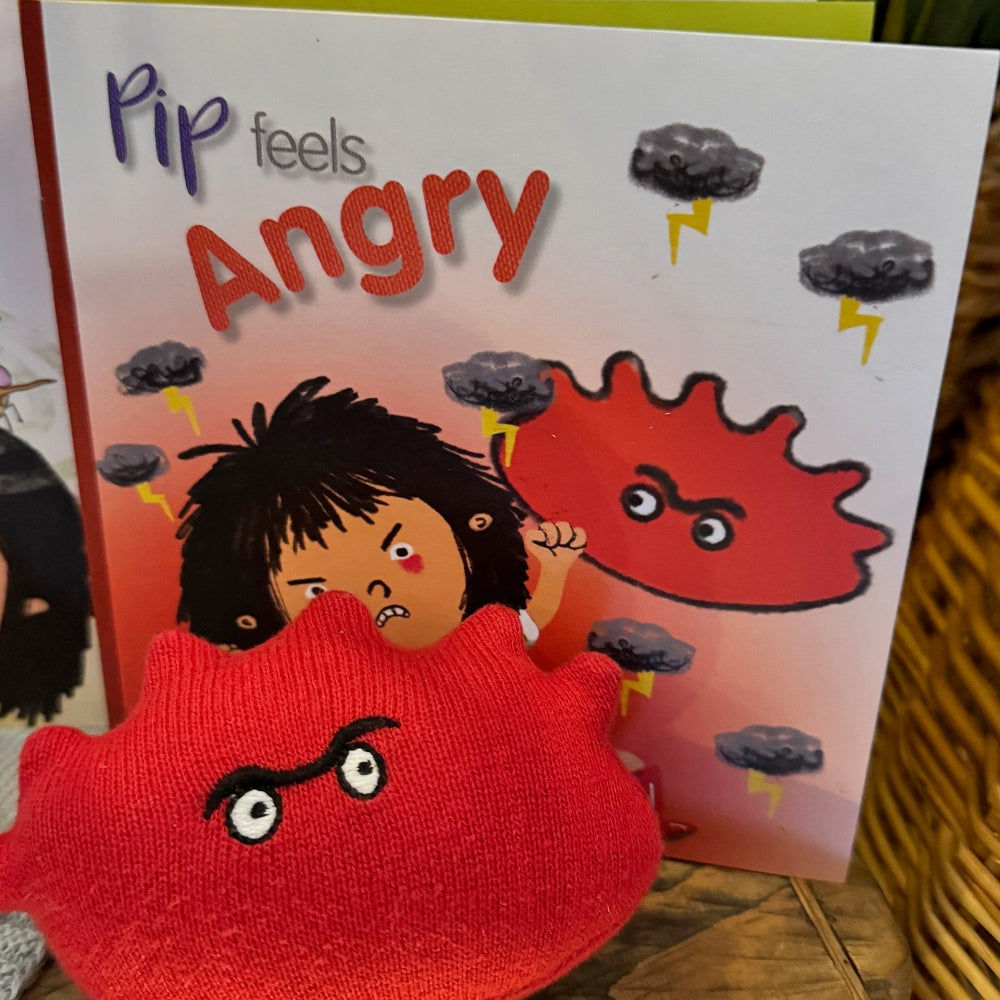 Red emotion toy with 'Pip feels Angry' book on a wooden surface