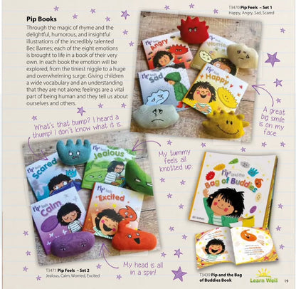 Pip Books with emotion-themed plush toys and books on a wooden surface.