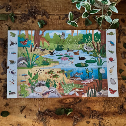 Children's Pond Life wooden puzzle with a nature-themed design on a wooden surface