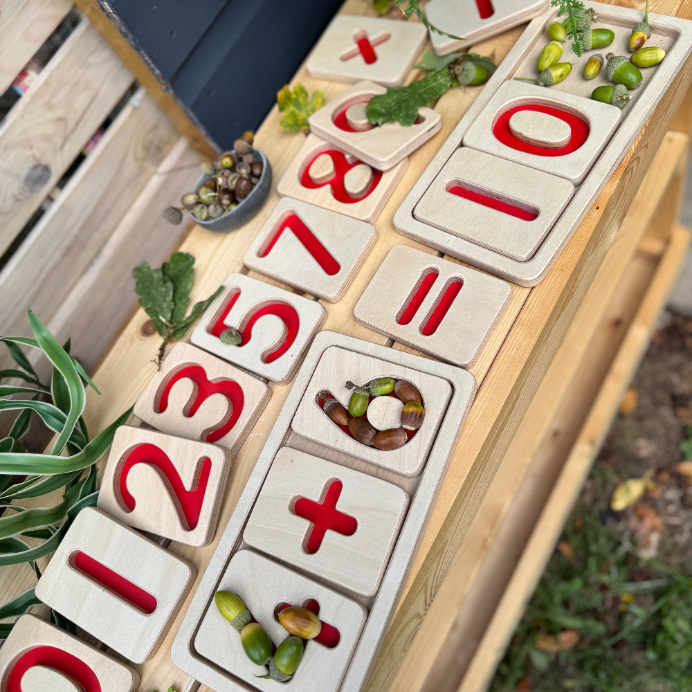 Wooden number trays for maths mastery with acorns on a wooden surface - counting skills