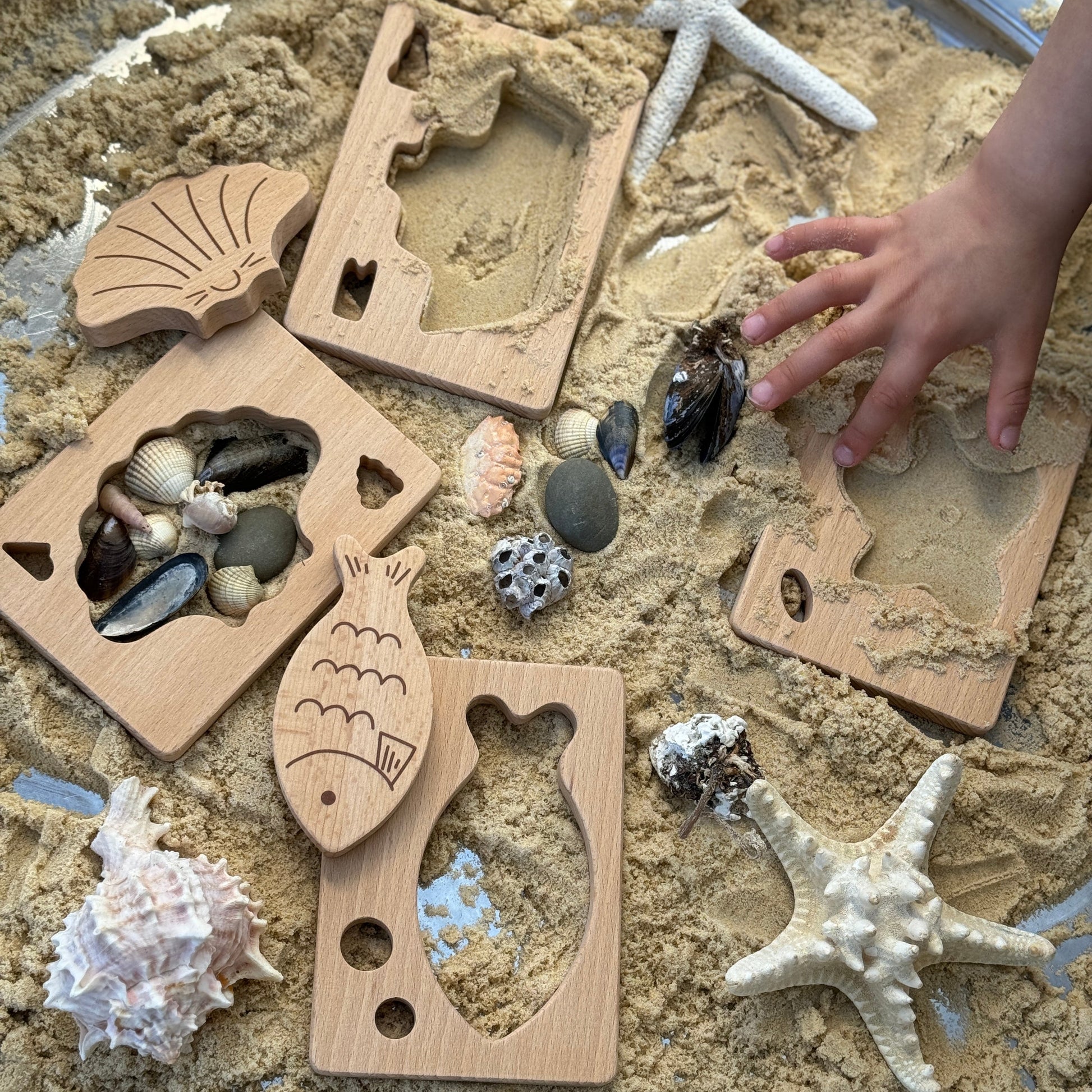 Children's play sand with wooden shapes and sea-themed toys and shells