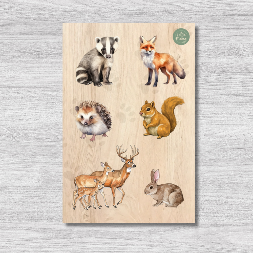 Wooden peg puzzle set with illustrations of forest animals on a wooden surface.
