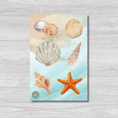 Peg puzzle with illustrations of seashells and a starfish on a light blue background