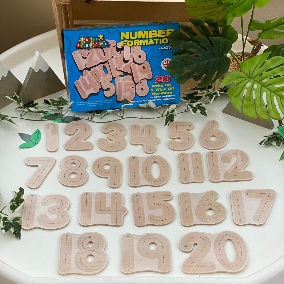Wooden numbers on a table with a box of additional numbers in the background
