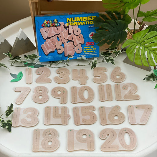 Wooden numbers on a table with a box of additional numbers in the background