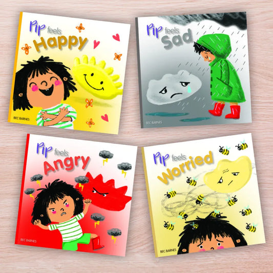 Four children's books titled 'Pip feels Happy', 'Pip feels Sad', 'Pip feels Angry', and 'Pip feels Worried' on a wooden surface.