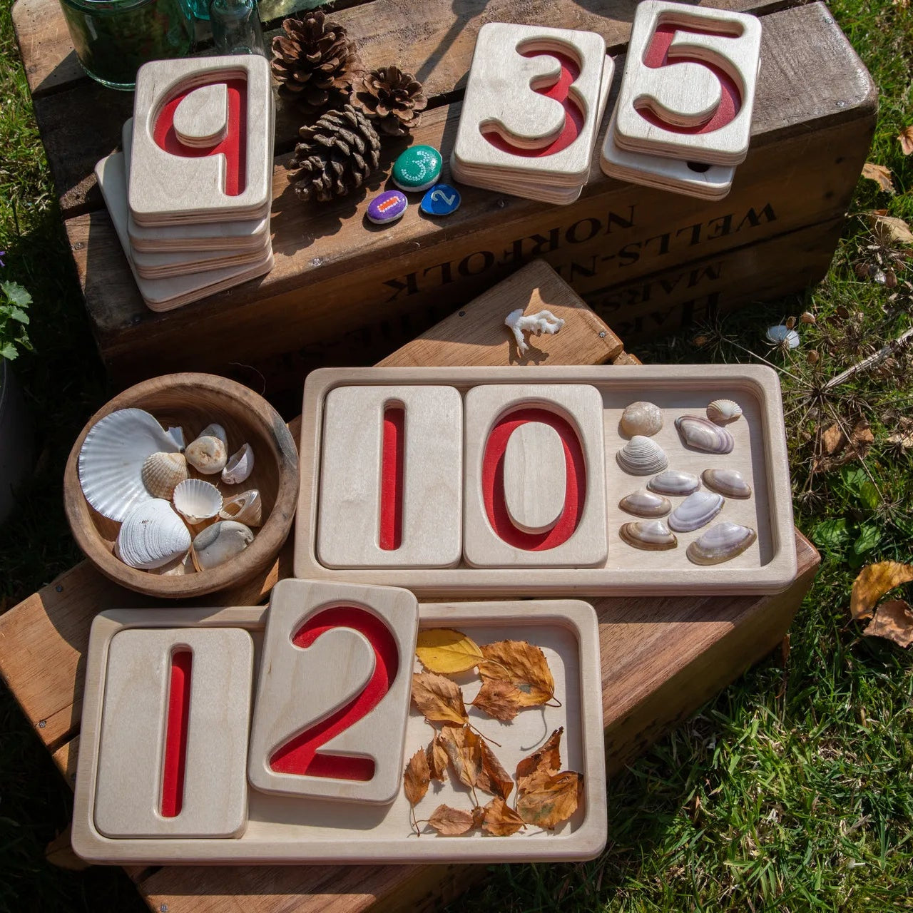 Wooden number trays with natural loose parts - counting activities for children