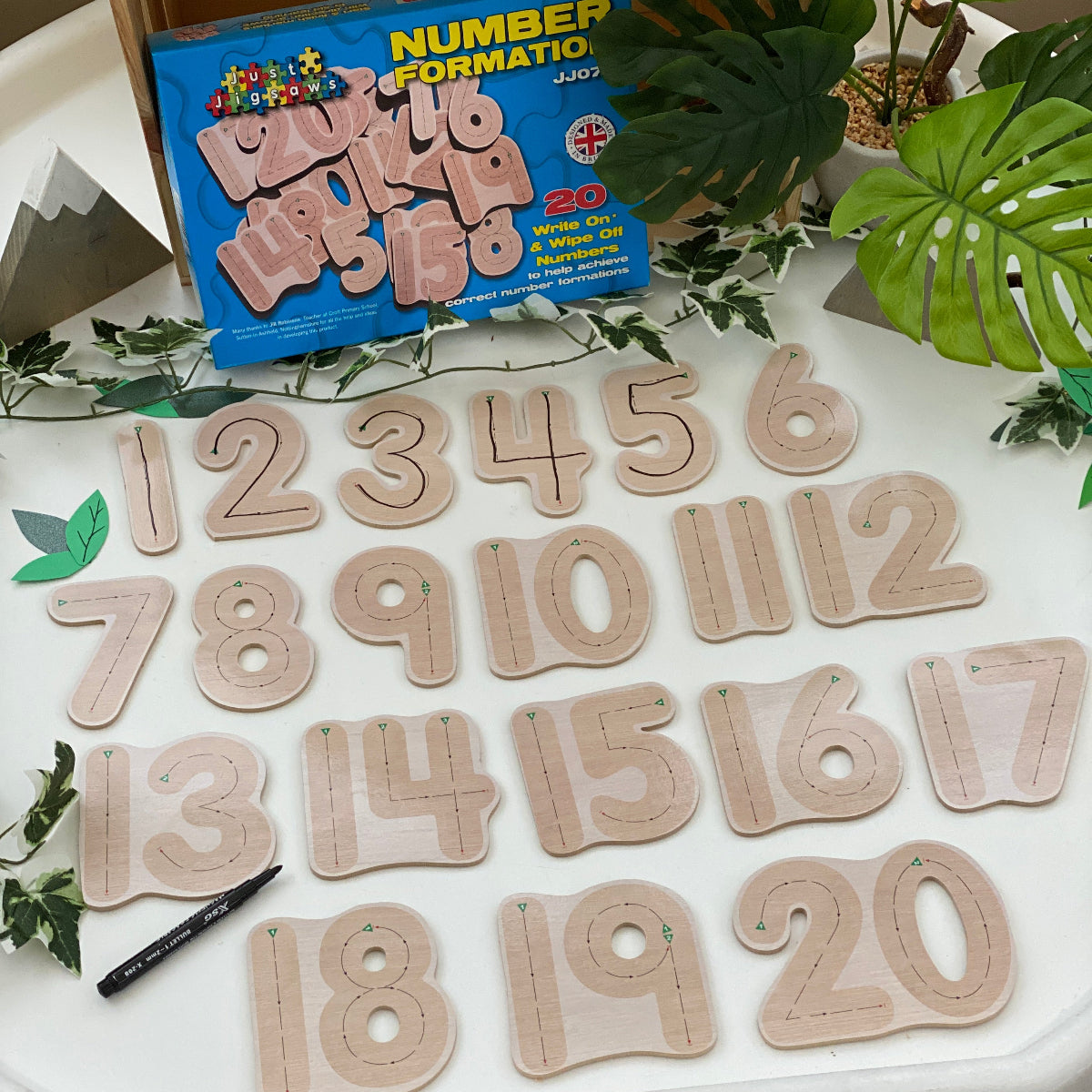 Wooden numbers on a white surface with a blue educational book titled 'Number Format' nearby.