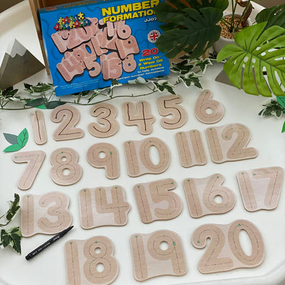 Wooden numbers on a white surface with a blue educational book titled 'Number Format' nearby.