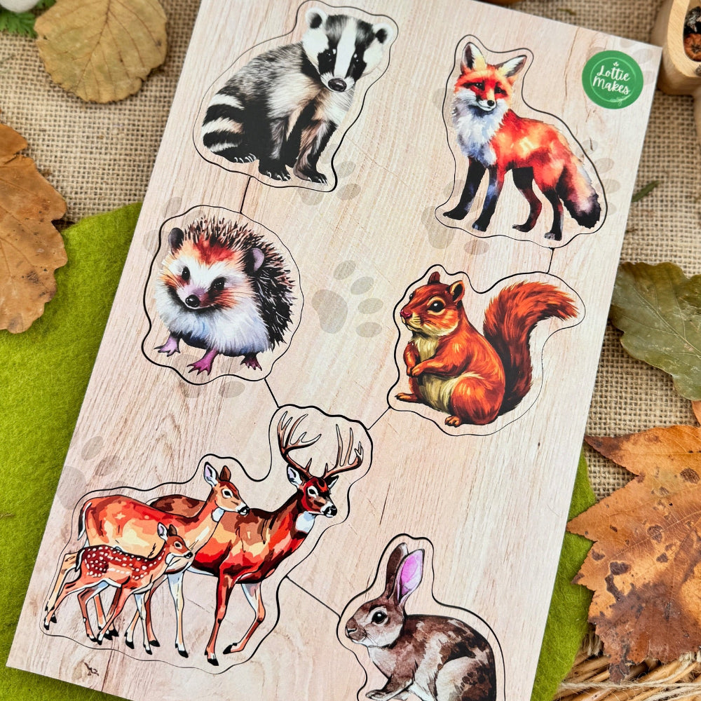 Wooden forest animal puzzle with a nature-themed background including pinecones and mushrooms.