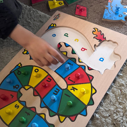 Child playing with a colorful wooden puzzle on a carpeted floor