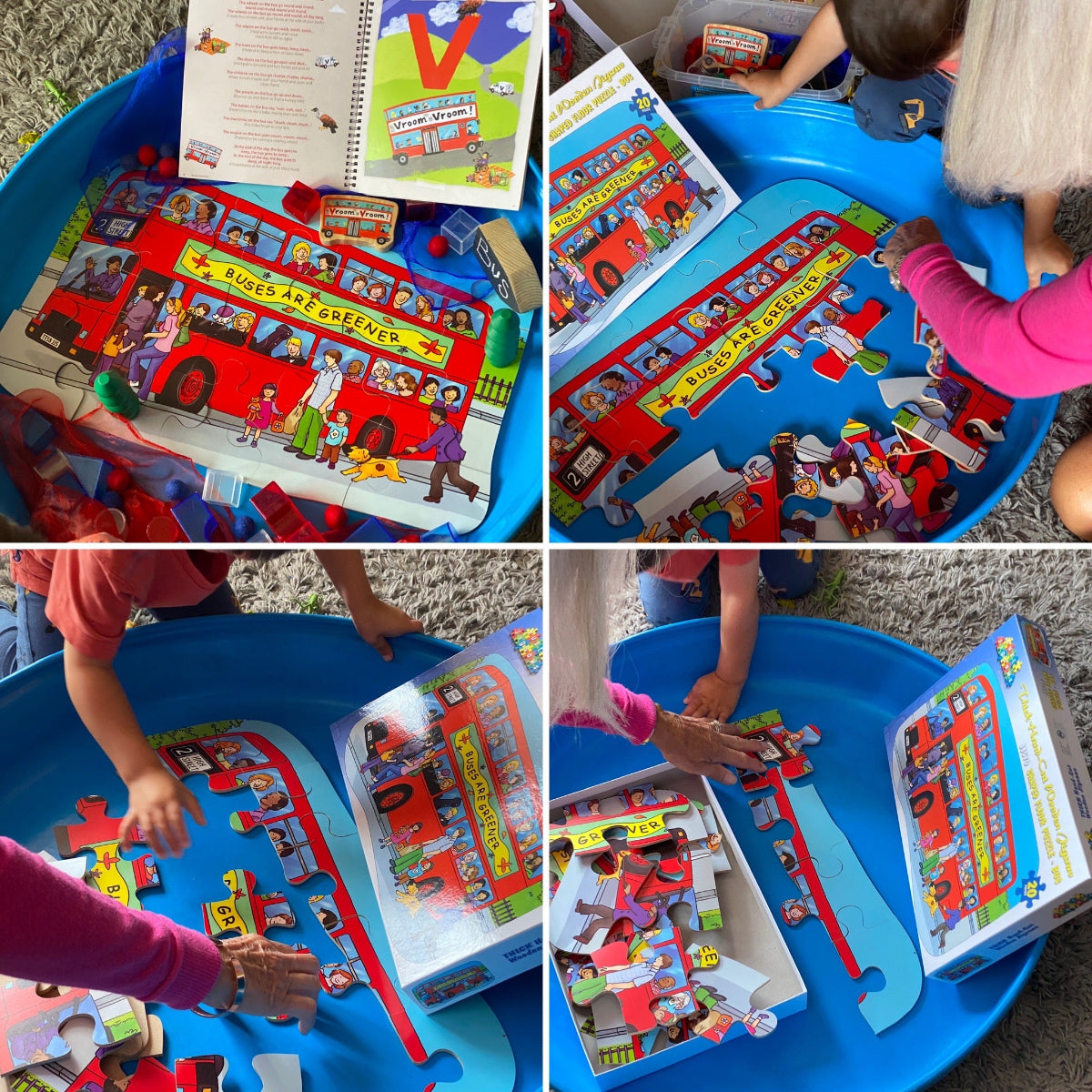 Children playing with a bus jigsaw puzzle in a blue tray, surrounded by educational materials.