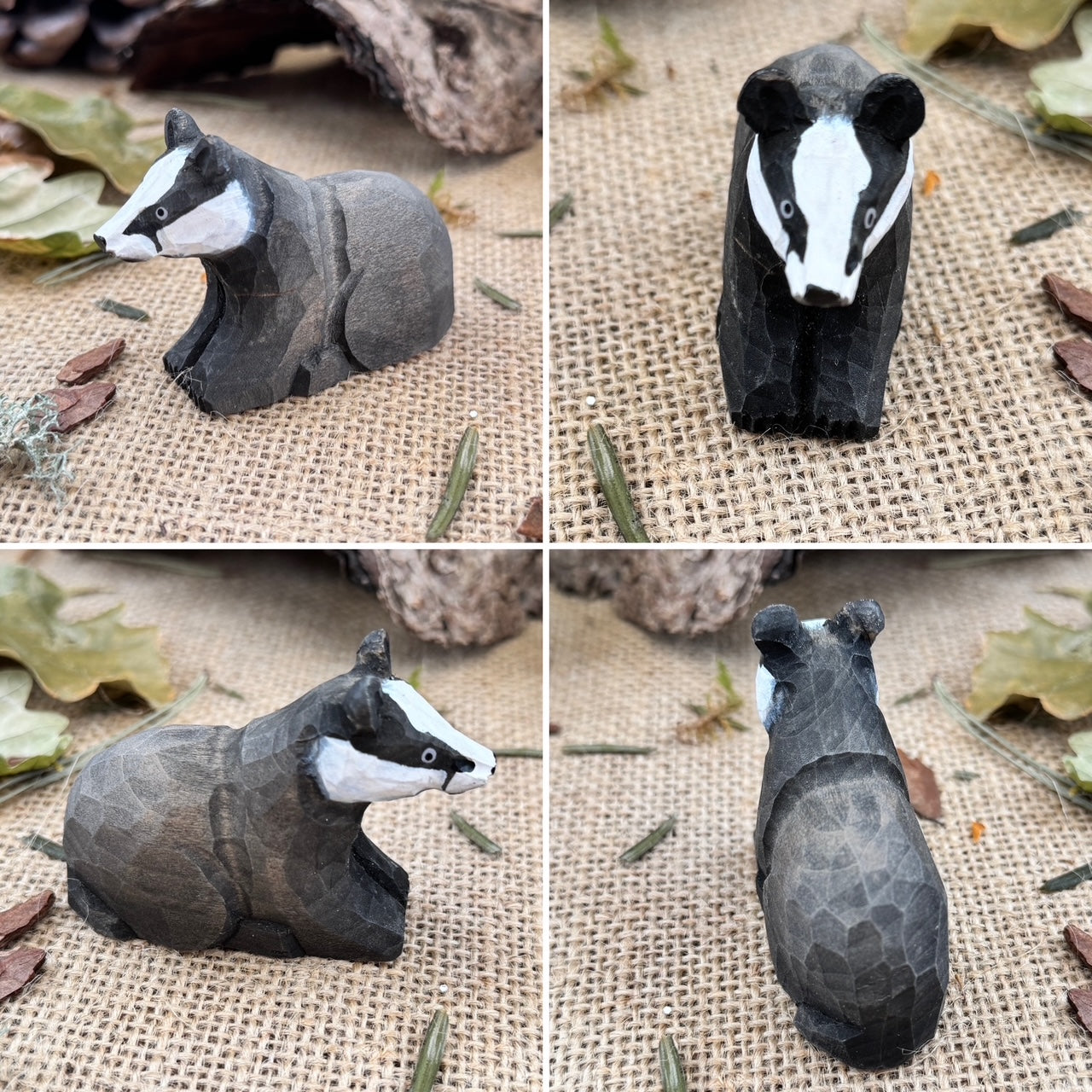 Hand Carved Woodland Animal Figures - Badger