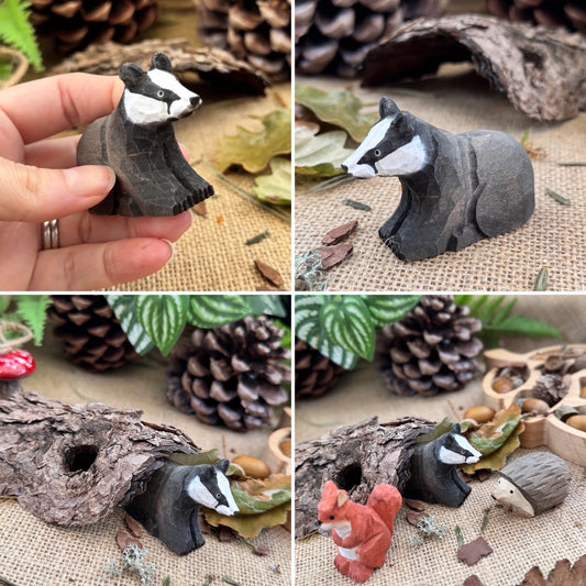 Collage of a small wooden badger figurine held by a hand, surrounded by natural elements like pinecones and leaves.