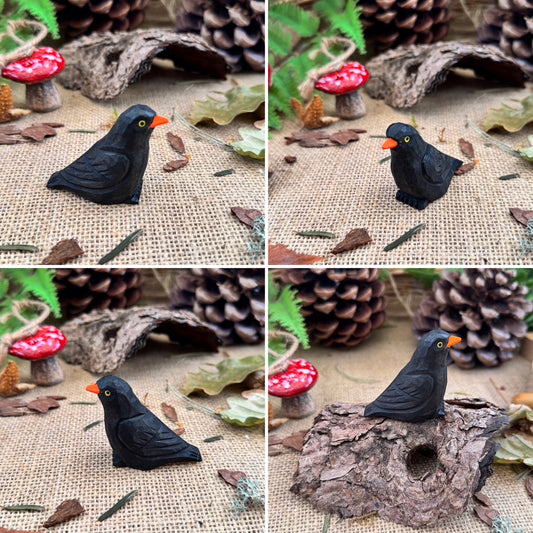 Hand Carved Woodland Animal Figures - Blackbird