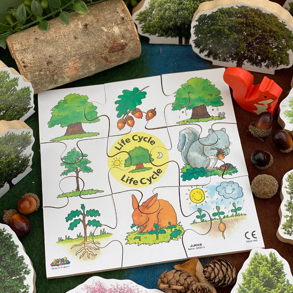Children's puzzle with nature-themed pieces on a green surface