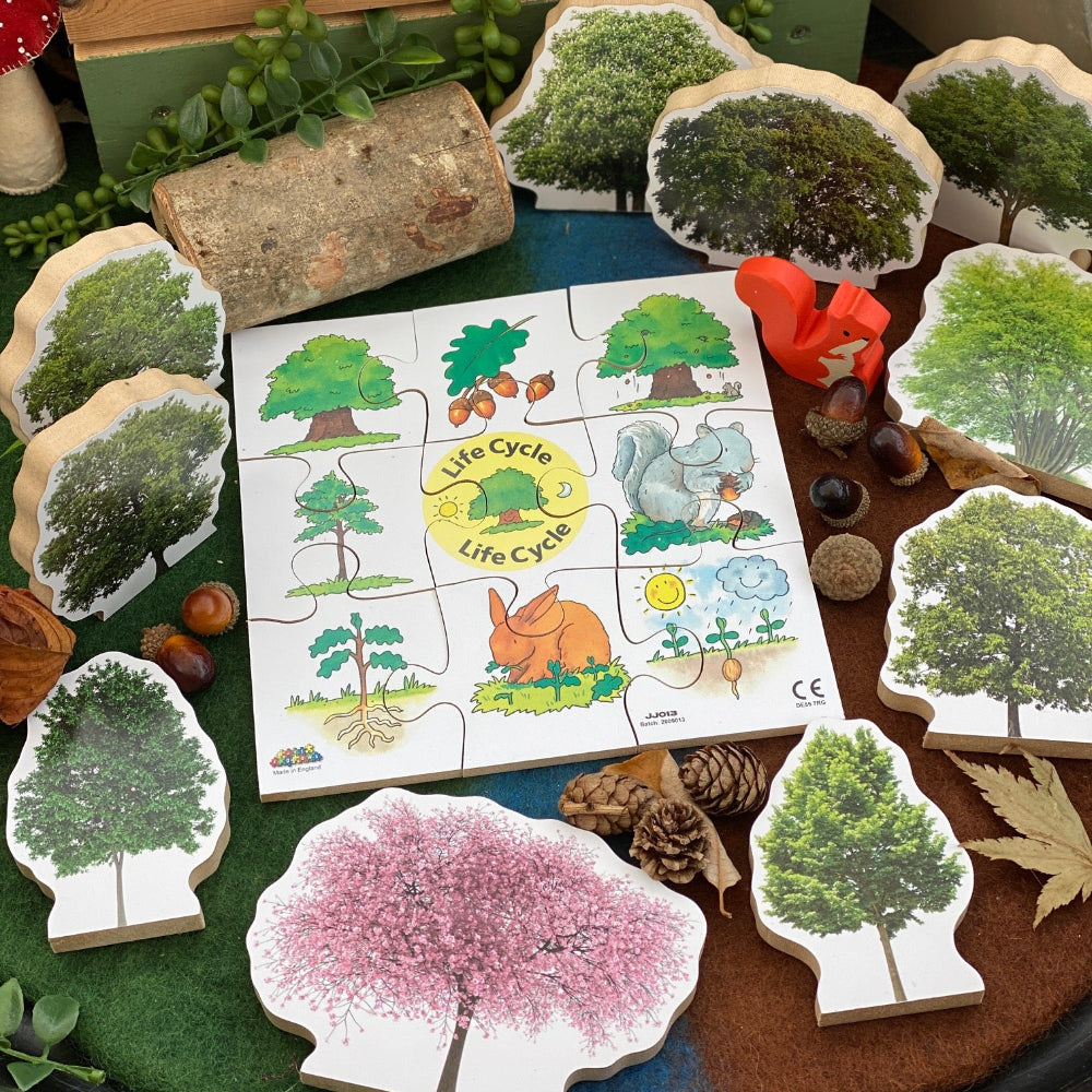 Educational tree life cycle puzzle with wooden pieces on a natural-themed tray.