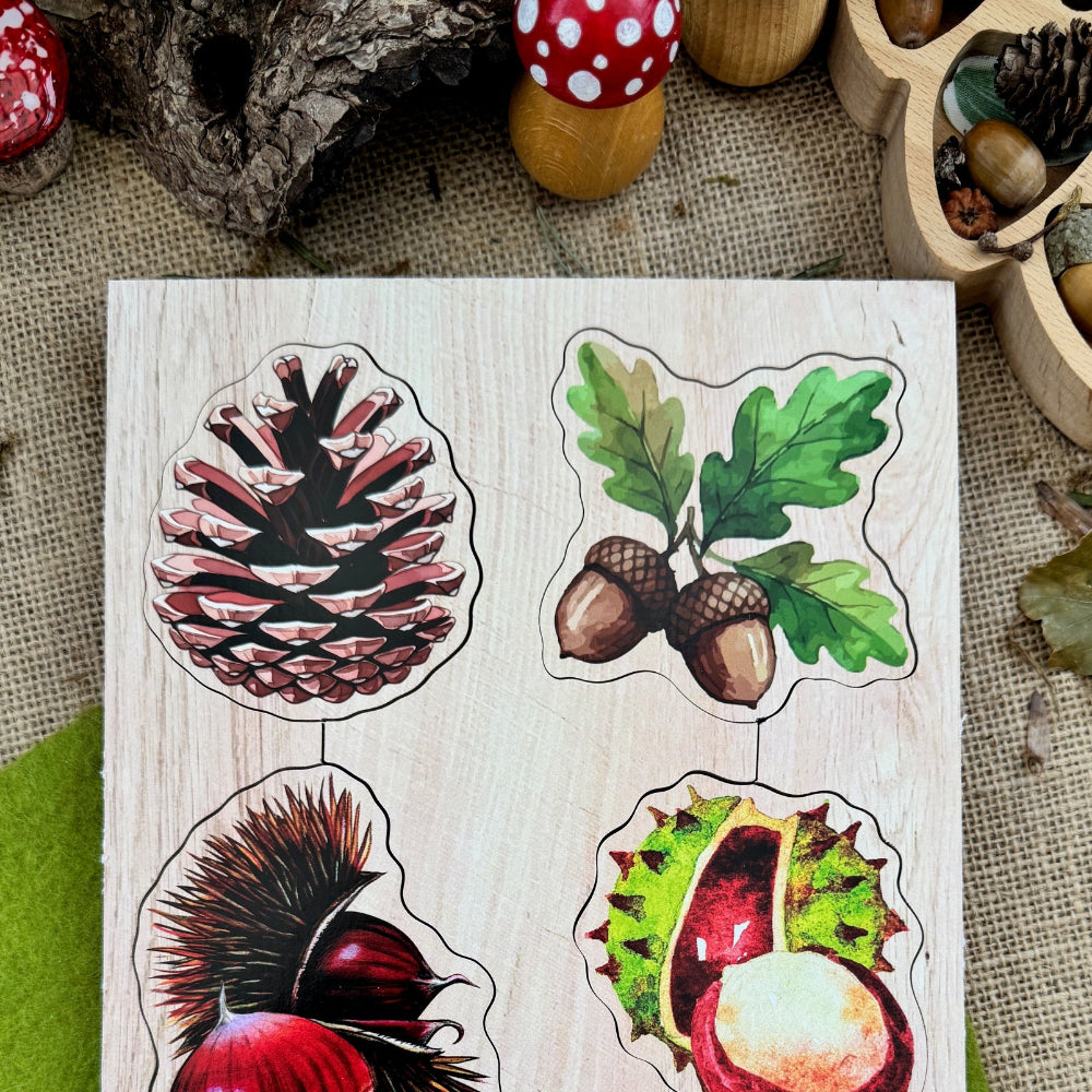 Set of nature-themed nature's treasures puzzle pieces on a wooden board with a rustic background.