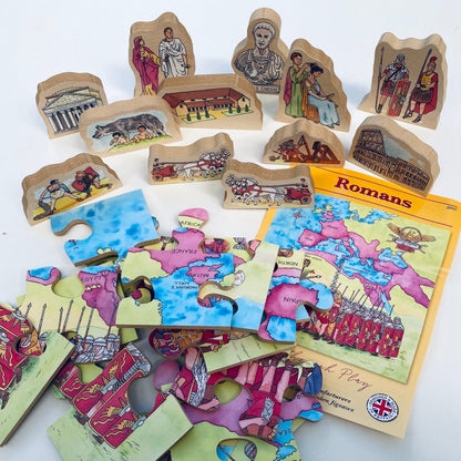 Children's puzzle set with Roman-themed pieces and a book titled 'Romans' on a white background.