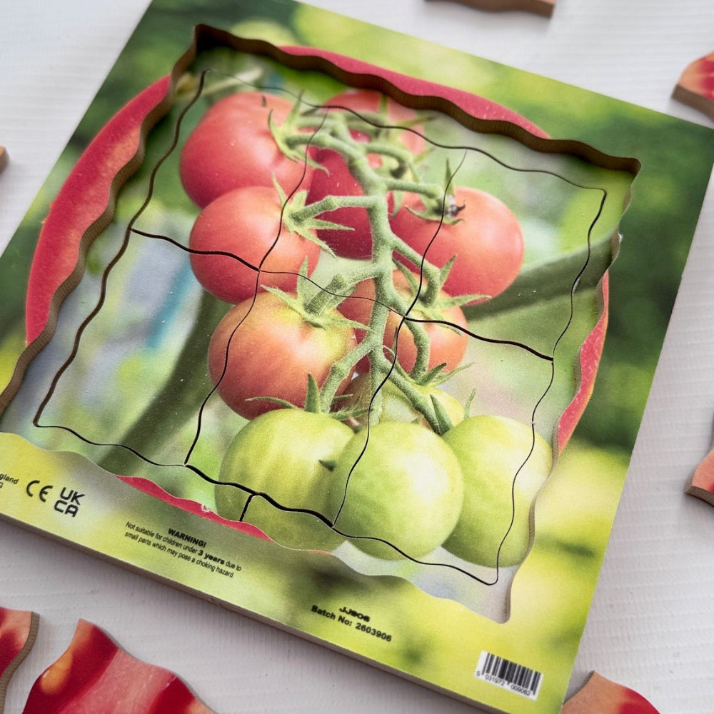 Puzzle with a tomato design on a white surface